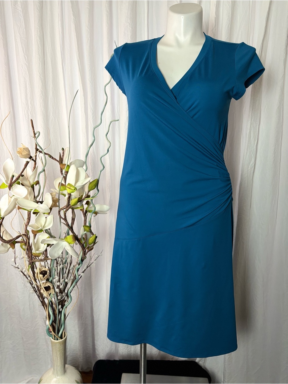 Athleta Teal Faux-Wrap Midi Dress with Side Ruching - Picture 1 of 7